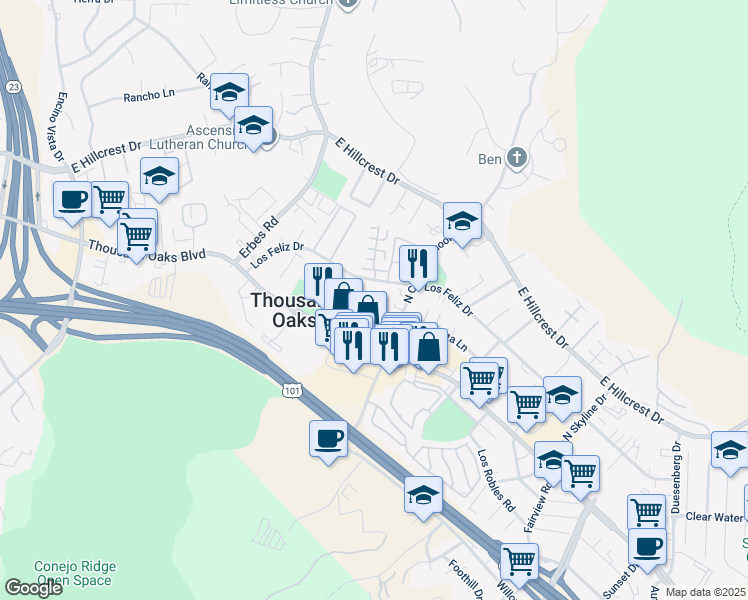 map of restaurants, bars, coffee shops, grocery stores, and more near 2177 East Thousand Oaks Boulevard in Thousand Oaks