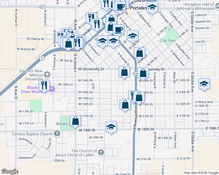 map of restaurants, bars, coffee shops, grocery stores, and more near 1430 South Avenue East in Portales