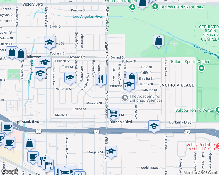 map of restaurants, bars, coffee shops, grocery stores, and more near 17644 Hatteras Street in Los Angeles