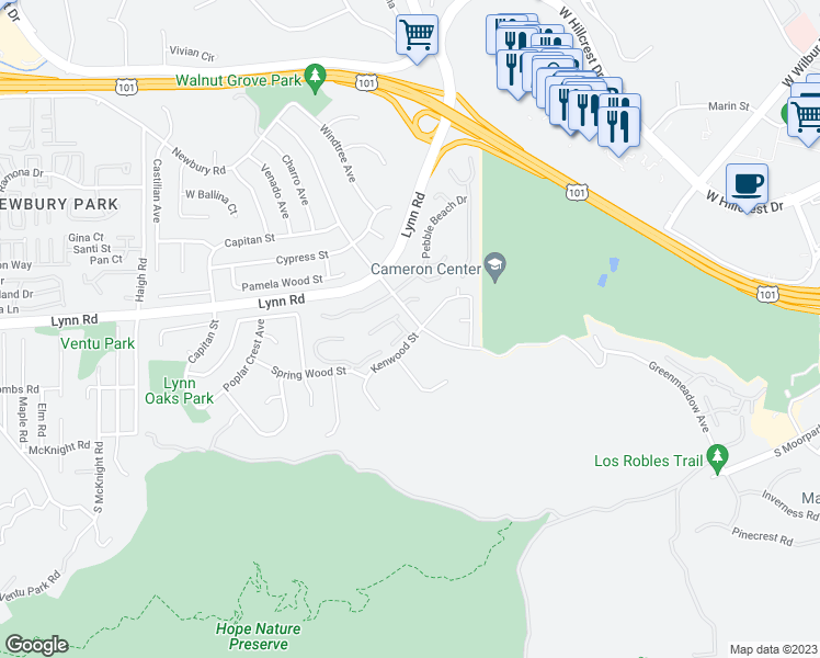 map of restaurants, bars, coffee shops, grocery stores, and more near 233 Red Oak Lane in Thousand Oaks