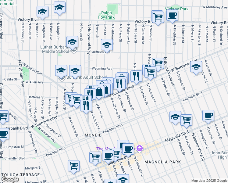 map of restaurants, bars, coffee shops, grocery stores, and more near 3210 West Burbank Boulevard in Burbank