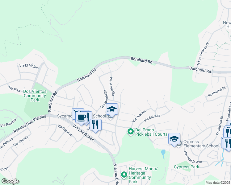 map of restaurants, bars, coffee shops, grocery stores, and more near 148 Via Magnolia in Thousand Oaks
