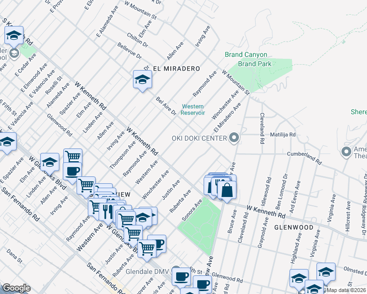 map of restaurants, bars, coffee shops, grocery stores, and more near 1349 Winchester Avenue in Glendale