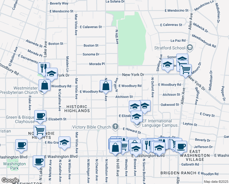 map of restaurants, bars, coffee shops, grocery stores, and more near 1379 Atchison Street in Pasadena