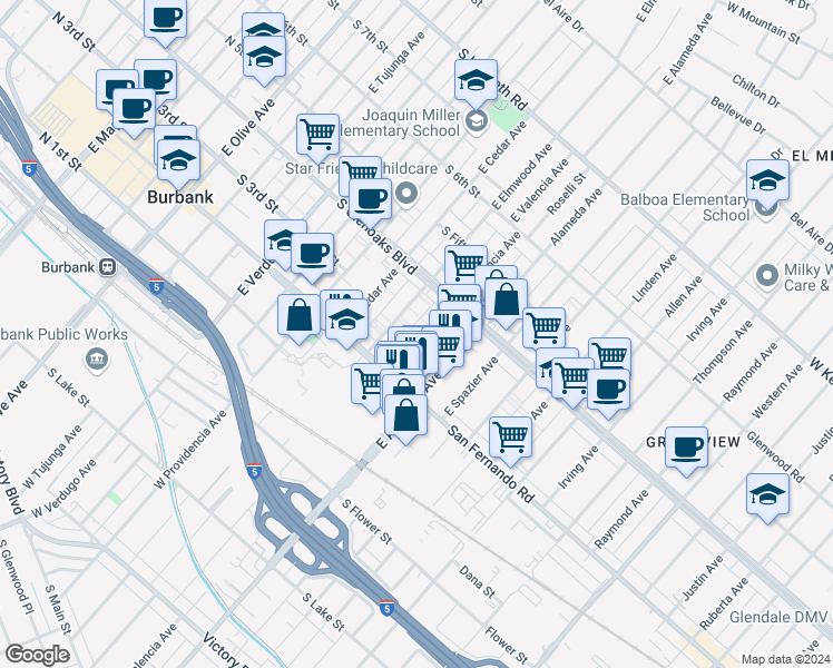 map of restaurants, bars, coffee shops, grocery stores, and more near 221 East Valencia Avenue in Burbank