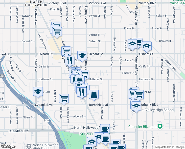 map of restaurants, bars, coffee shops, grocery stores, and more near in Los Angeles