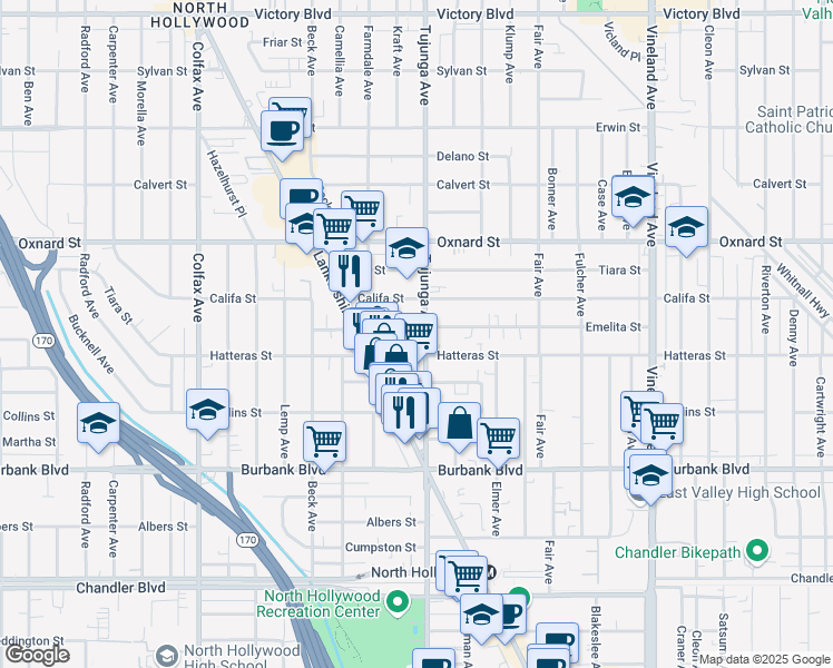 map of restaurants, bars, coffee shops, grocery stores, and more near 11429 Hatteras Street in Los Angeles