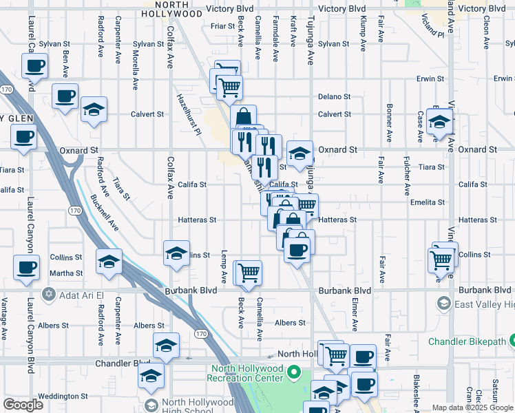 map of restaurants, bars, coffee shops, grocery stores, and more near 11523 Hatteras Street in Los Angeles