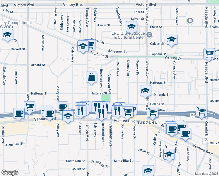 map of restaurants, bars, coffee shops, grocery stores, and more near 5802 Beckford Avenue in Los Angeles