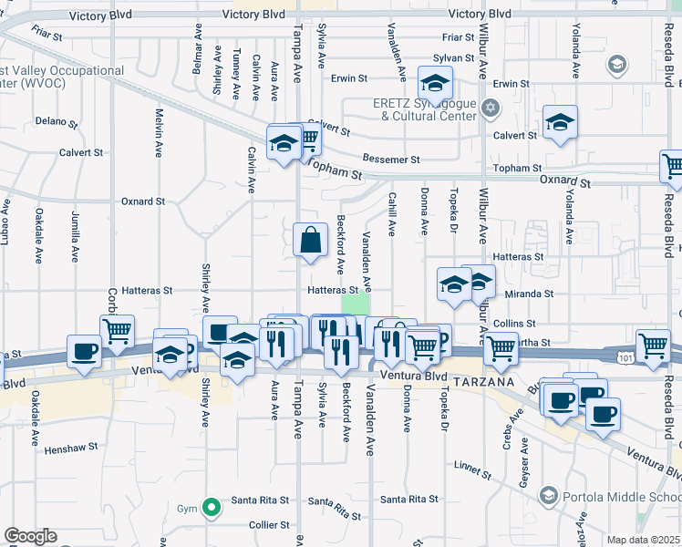 map of restaurants, bars, coffee shops, grocery stores, and more near 5802 Beckford Avenue in Los Angeles
