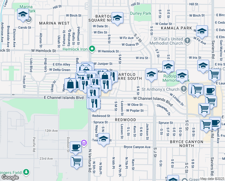 map of restaurants, bars, coffee shops, grocery stores, and more near 1201 West Channel Islands Boulevard in Oxnard