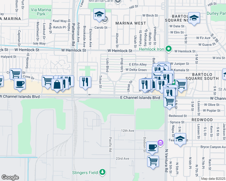 map of restaurants, bars, coffee shops, grocery stores, and more near in Port Hueneme