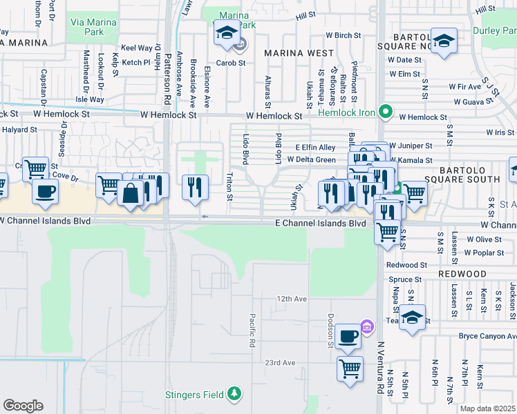 map of restaurants, bars, coffee shops, grocery stores, and more near 109 West Channel Islands Boulevard in Port Hueneme
