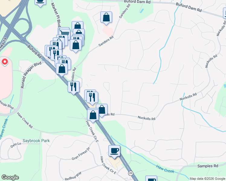 map of restaurants, bars, coffee shops, grocery stores, and more near 2823 Middlecreek Way in Cumming