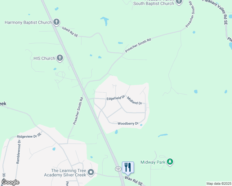 map of restaurants, bars, coffee shops, grocery stores, and more near 2 Edgefield Drive in Silver Creek