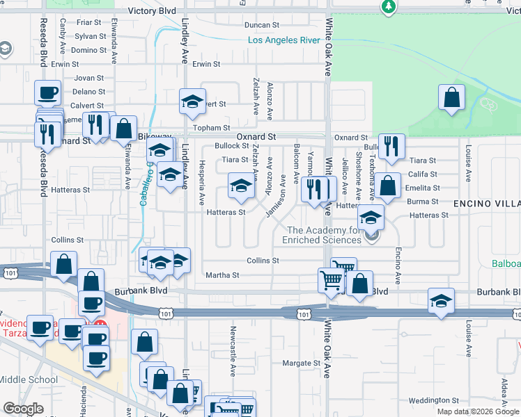 map of restaurants, bars, coffee shops, grocery stores, and more near 17900 Hatteras Street in Los Angeles