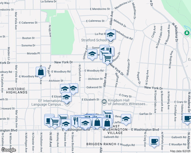 map of restaurants, bars, coffee shops, grocery stores, and more near 1773 Atchison Street in Pasadena