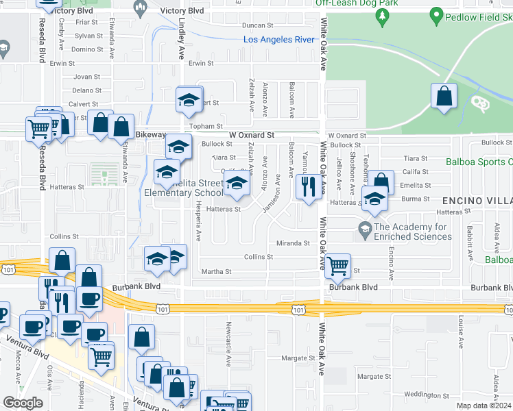 map of restaurants, bars, coffee shops, grocery stores, and more near 17900 Hatteras Street in Los Angeles