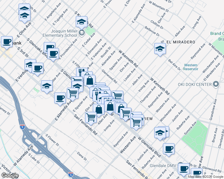 map of restaurants, bars, coffee shops, grocery stores, and more near 1159 Linden Avenue in Glendale