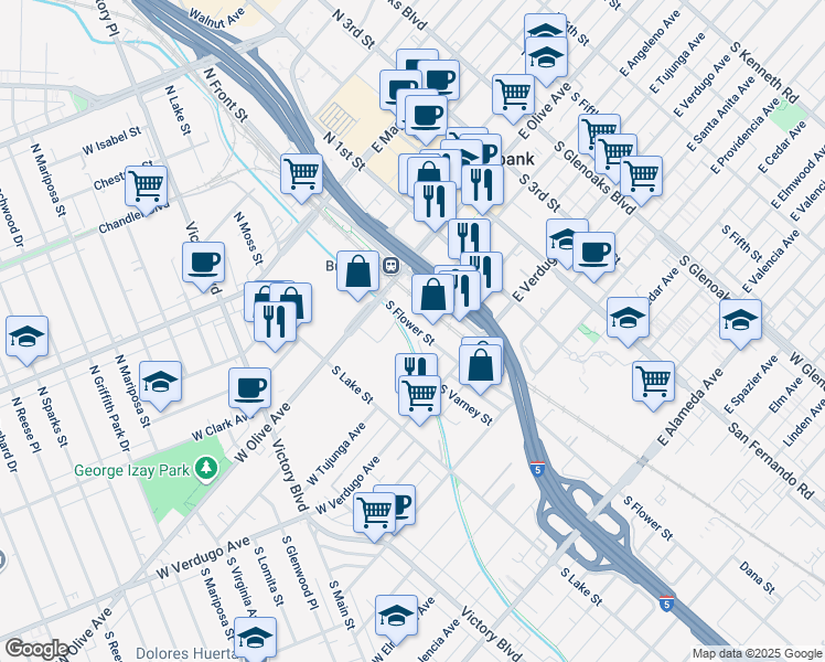 map of restaurants, bars, coffee shops, grocery stores, and more near 255 S Flower St in Burbank