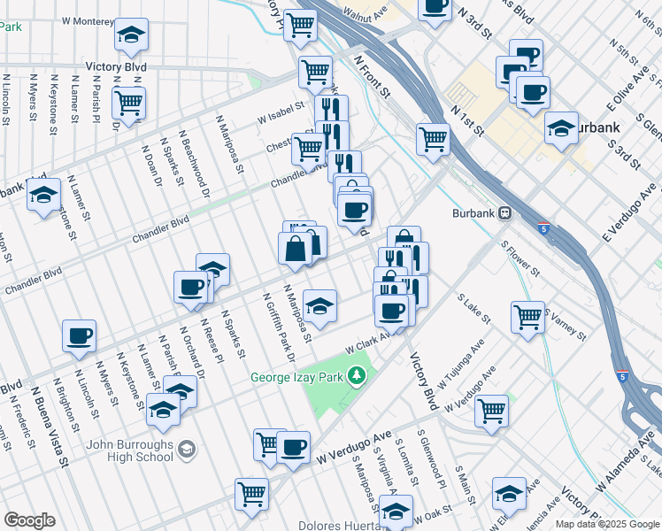 map of restaurants, bars, coffee shops, grocery stores, and more near 1020 West Magnolia Boulevard in Burbank