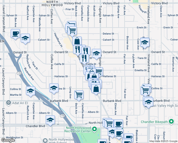 map of restaurants, bars, coffee shops, grocery stores, and more near 5820 Lankershim Boulevard in Los Angeles