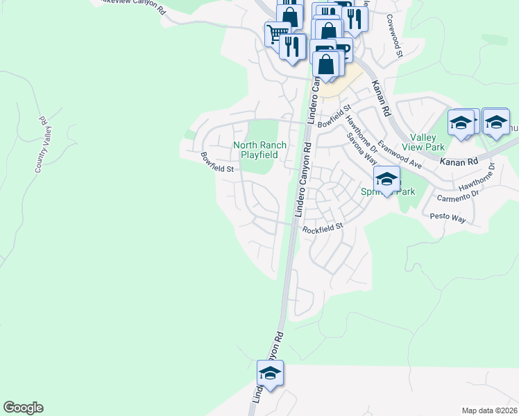 map of restaurants, bars, coffee shops, grocery stores, and more near 819 Riverrock Circle in Westlake Village