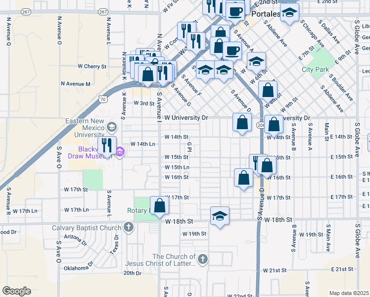 map of restaurants, bars, coffee shops, grocery stores, and more near 1424 South Avenue G in Portales