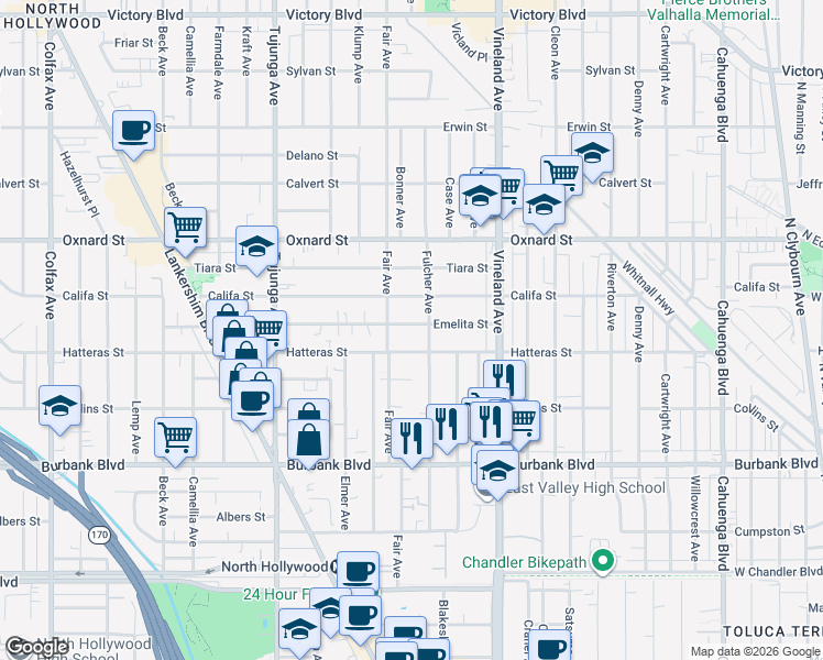 map of restaurants, bars, coffee shops, grocery stores, and more near 11120 Emelita Street in Los Angeles