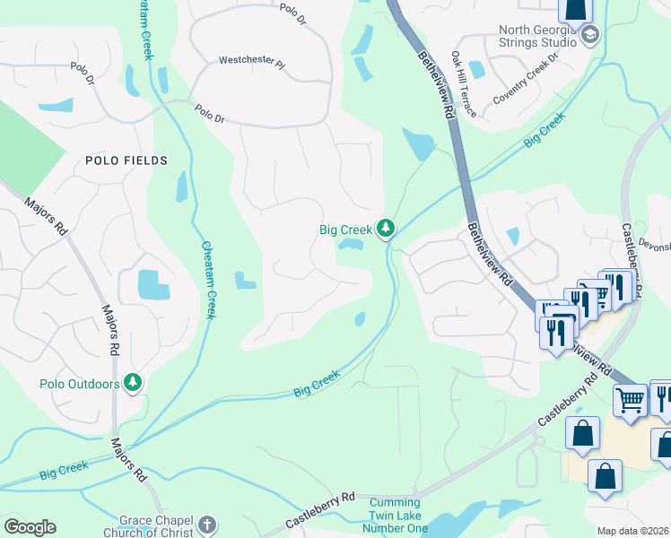 map of restaurants, bars, coffee shops, grocery stores, and more near 6830 Sunbriar Drive in Cumming
