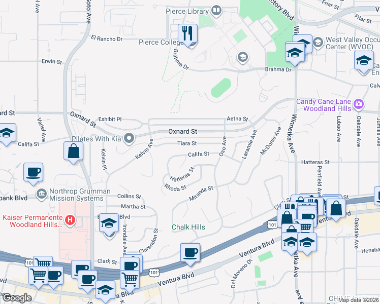 map of restaurants, bars, coffee shops, grocery stores, and more near 20509 Califa Street in Los Angeles