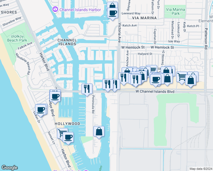 map of restaurants, bars, coffee shops, grocery stores, and more near 2521 Monaco Drive in Oxnard