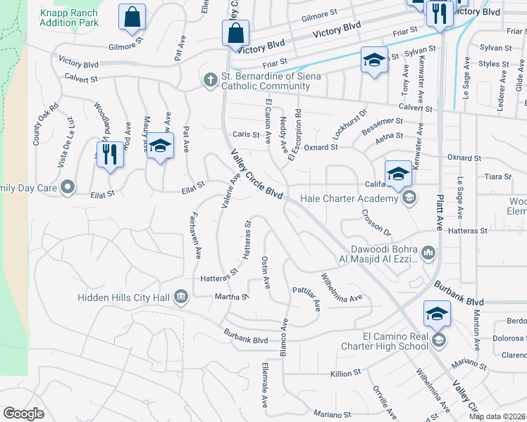 map of restaurants, bars, coffee shops, grocery stores, and more near 24256 Hatteras Street in Los Angeles