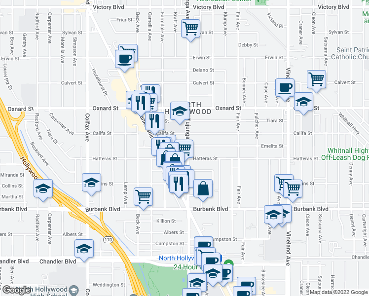 map of restaurants, bars, coffee shops, grocery stores, and more near 11429 Hatteras Street in Los Angeles