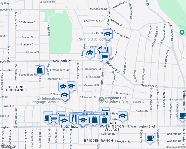 map of restaurants, bars, coffee shops, grocery stores, and more near 1773 Atchison Street in Pasadena