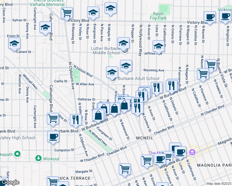 map of restaurants, bars, coffee shops, grocery stores, and more near Kenwood Street & North Edison Boulevard in Burbank