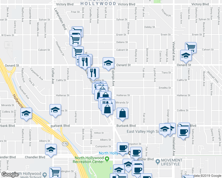 map of restaurants, bars, coffee shops, grocery stores, and more near 5827 Tujunga Avenue in Los Angeles