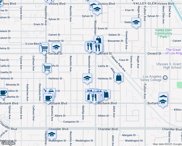 map of restaurants, bars, coffee shops, grocery stores, and more near 5824 Mammoth Avenue in Los Angeles