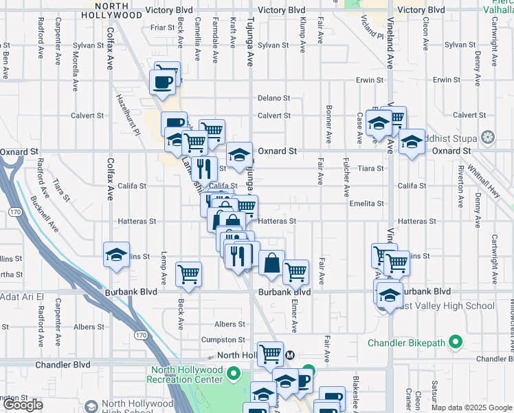 map of restaurants, bars, coffee shops, grocery stores, and more near 5826 Tujunga Avenue in Los Angeles