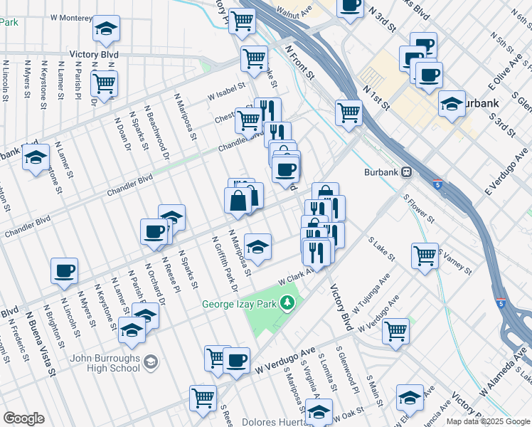 map of restaurants, bars, coffee shops, grocery stores, and more near 326 North Lomita Street in Burbank