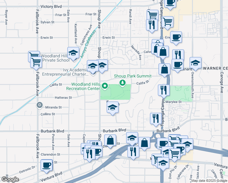 map of restaurants, bars, coffee shops, grocery stores, and more near 5858 Shoup Avenue in Los Angeles