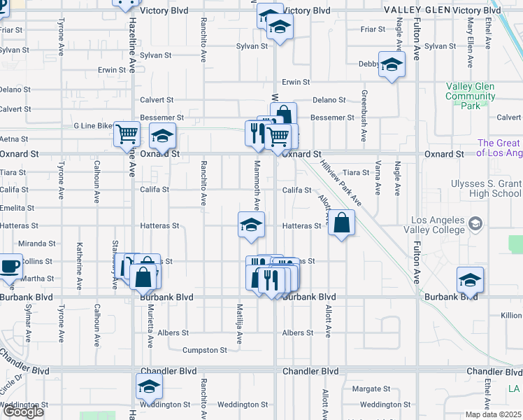map of restaurants, bars, coffee shops, grocery stores, and more near 5824 Mammoth Avenue in Los Angeles