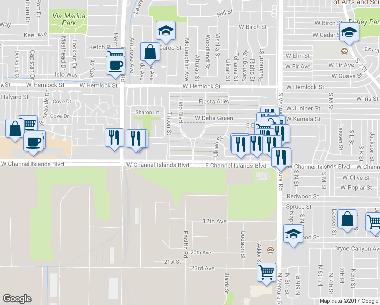 map of restaurants, bars, coffee shops, grocery stores, and more near 102 West Alta Green in Port Hueneme