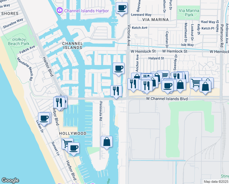map of restaurants, bars, coffee shops, grocery stores, and more near 2521 Monaco Drive in Oxnard