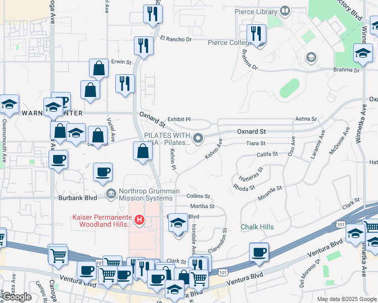 map of restaurants, bars, coffee shops, grocery stores, and more near 20835 Tiara Street in Los Angeles