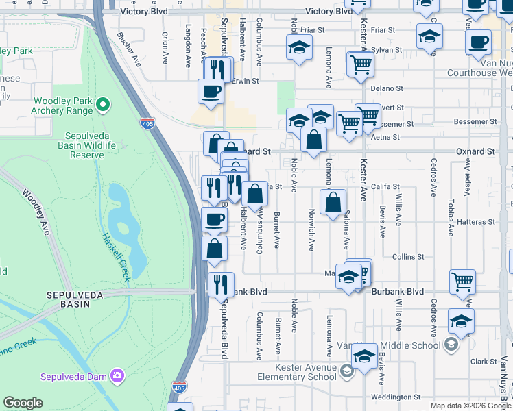map of restaurants, bars, coffee shops, grocery stores, and more near 5825 Columbus Avenue in Los Angeles