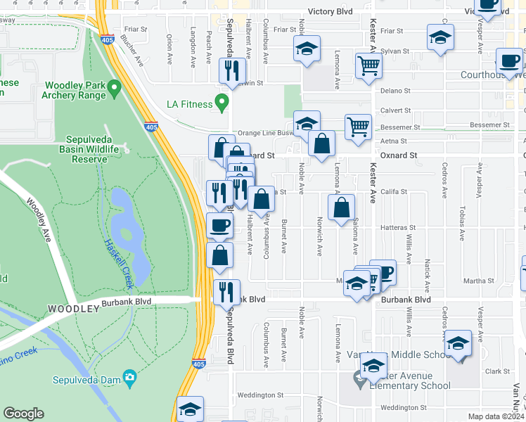 map of restaurants, bars, coffee shops, grocery stores, and more near 5825 Columbus Avenue in Los Angeles