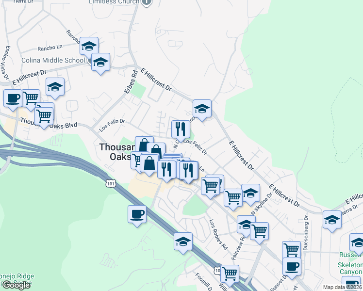 map of restaurants, bars, coffee shops, grocery stores, and more near 158 North Conejo School Road in Thousand Oaks