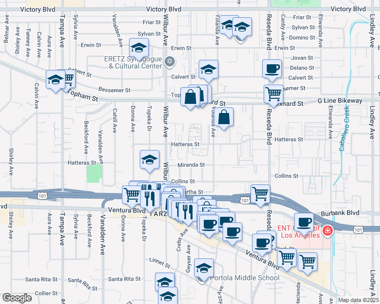 map of restaurants, bars, coffee shops, grocery stores, and more near 18806 Hatteras Street in Los Angeles