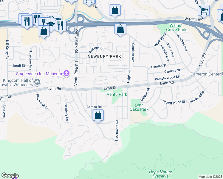 map of restaurants, bars, coffee shops, grocery stores, and more near 2 Midbury Hill Road in Ventura County